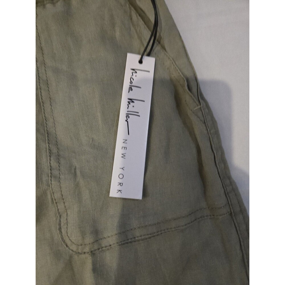 Nicole Miller Olive 100% Linen Cargo jogger Drawstring High Rise Women's Pants - Picture 2 of 6